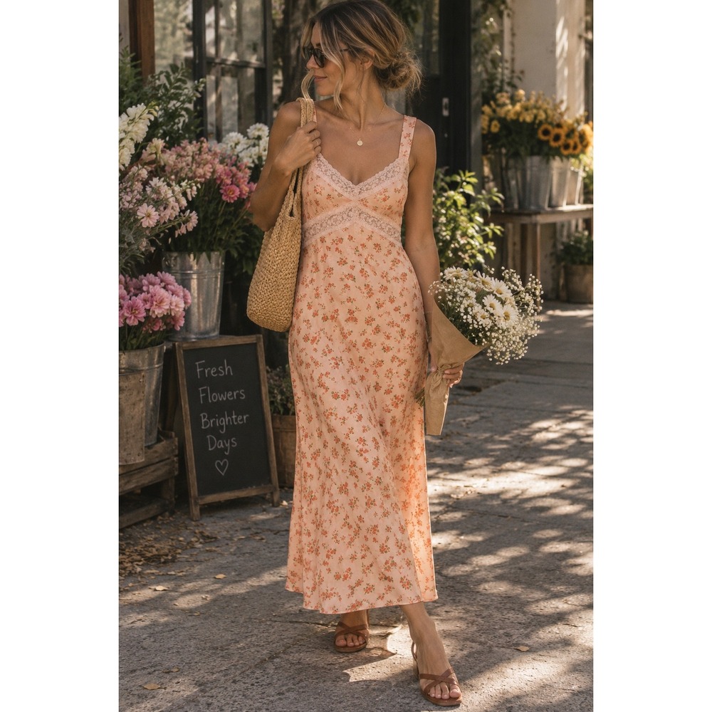 Urban Outfitters Floral Lace Trim Slip Dress Peach Pink S
